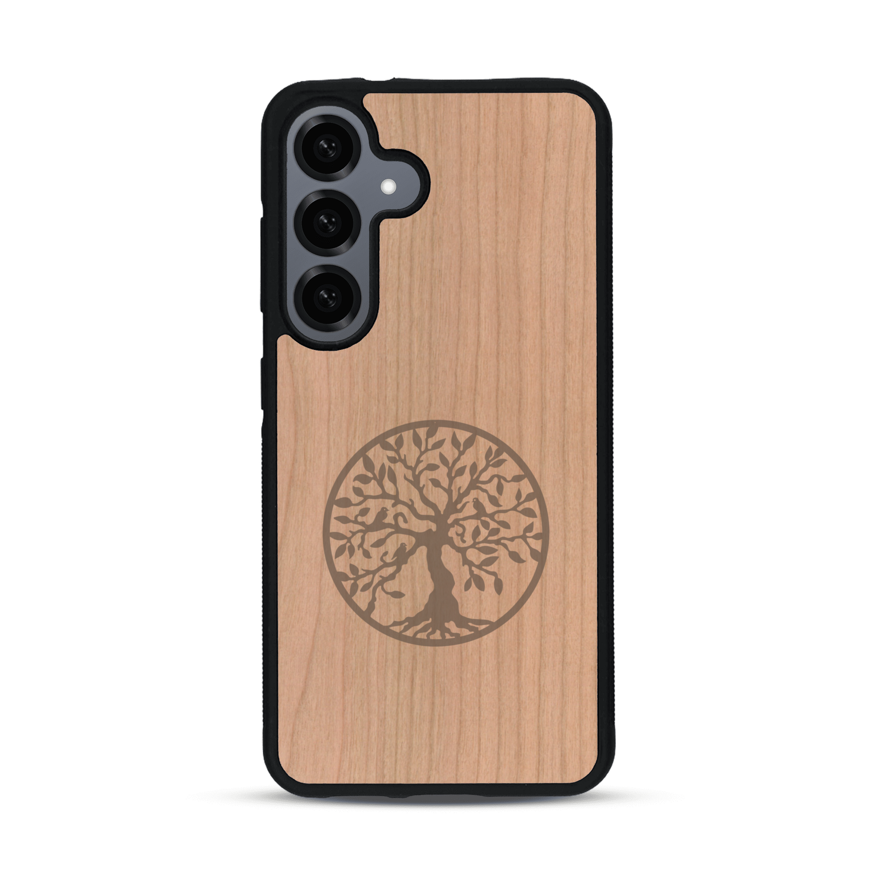 Coque de protection en bois véritable fabriquée en France pour  sur le thème de la spiritualité et du yoga avec une gravure zen représentant un arbre de vie