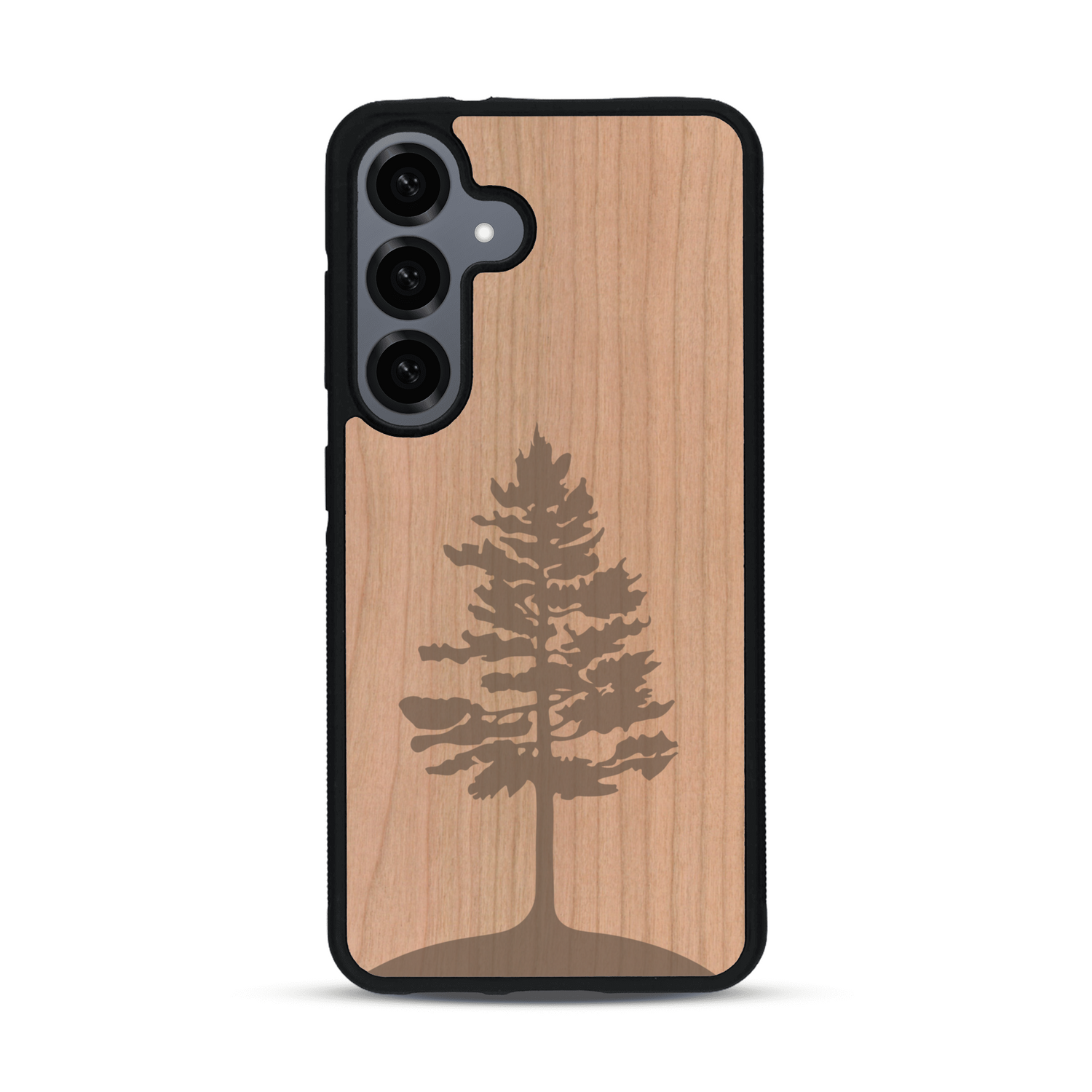 Coque de protection en bois véritable fabriquée en France pour  sur le thème de la nature, de la fôret et de l'écoresponsabilité avec une gravure représentant un arbre 