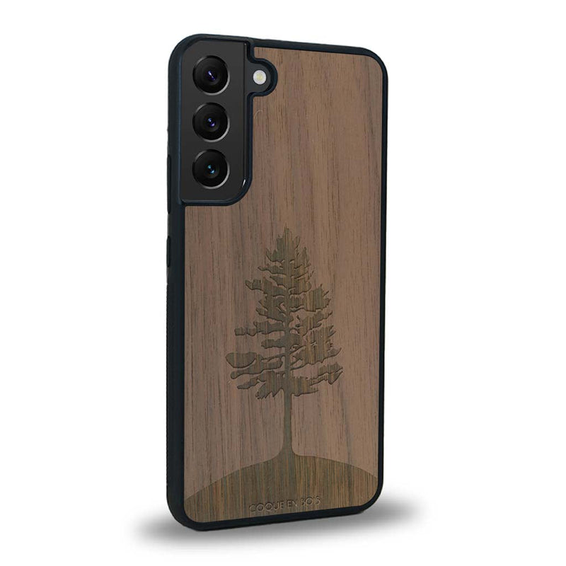 Coque de protection en bois véritable fabriquée en France pour Samsung S25 sur le thème de la nature, de la fôret et de l'écoresponsabilité avec une gravure représentant un arbre 