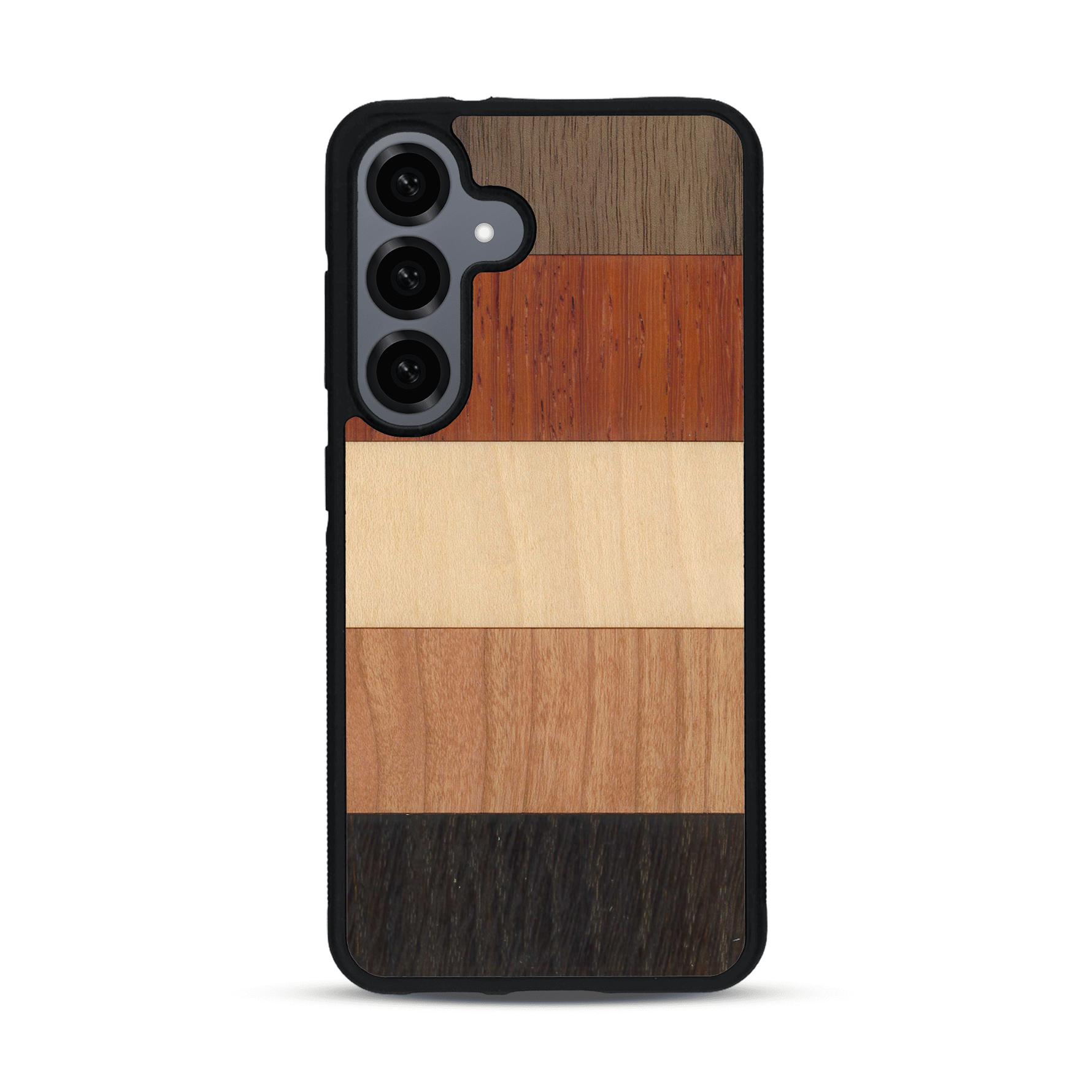 Coque de protection en bois véritable fabriquée en France pour  alliant des bandes horizontales de bambou, merisier, padouk, noyer et chêne fumé