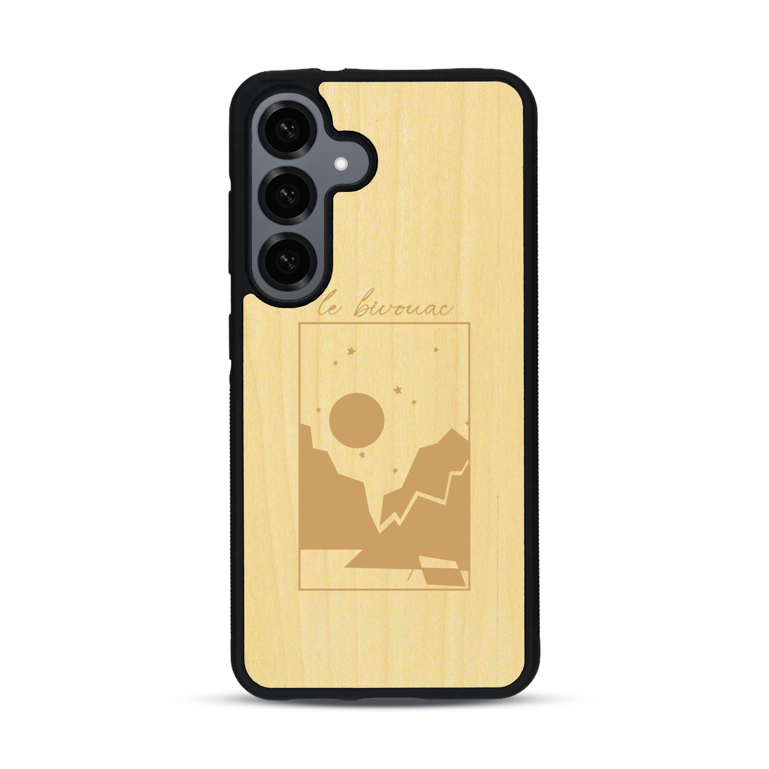 Coque de protection en bois véritable fabriquée en France pour  sur le thème du camping en pleine nature et du bivouac avec la phrase "Aventure is out there"
