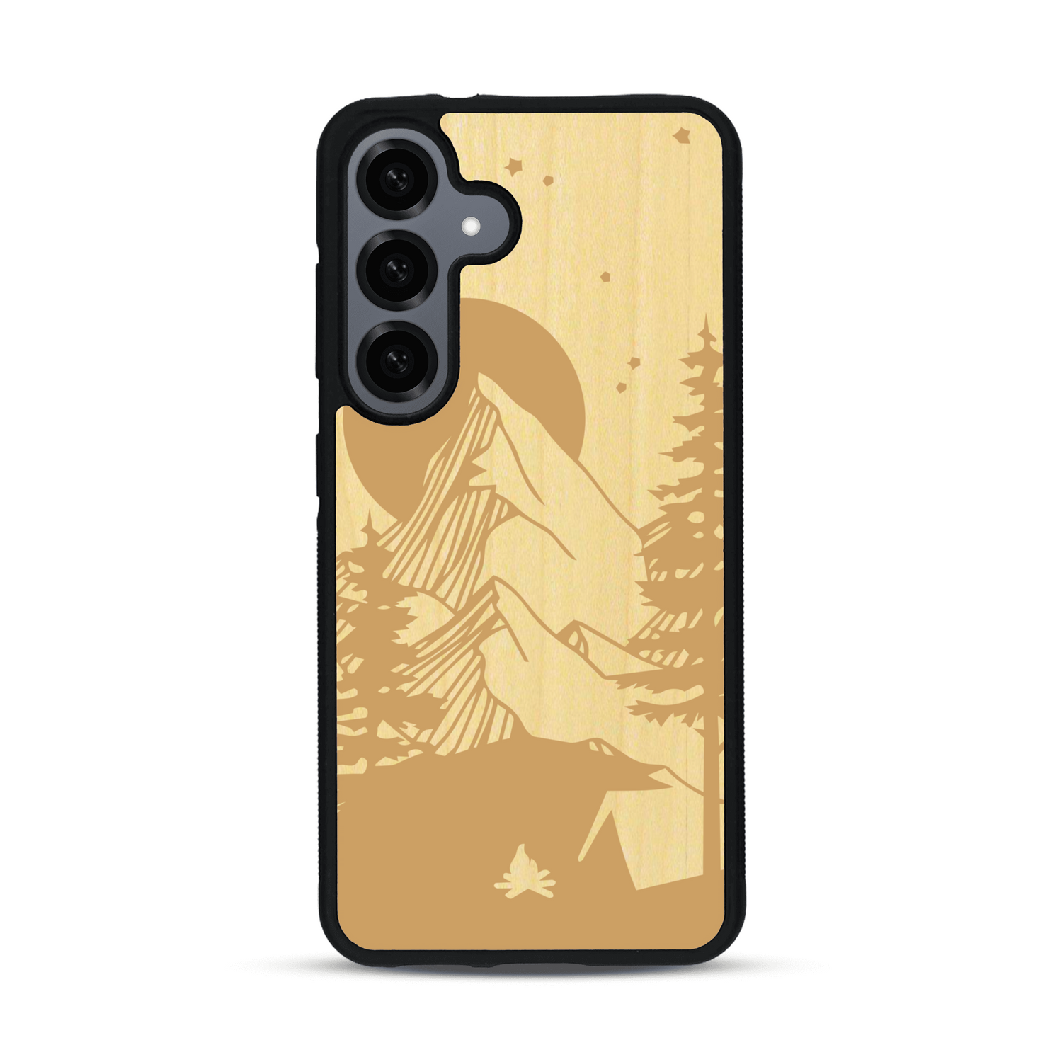 Coque de protection en bois véritable fabriquée en France pour  sur le thème du camping en pleine nature représentant une tente avec un feu de camp entouré de montagnes