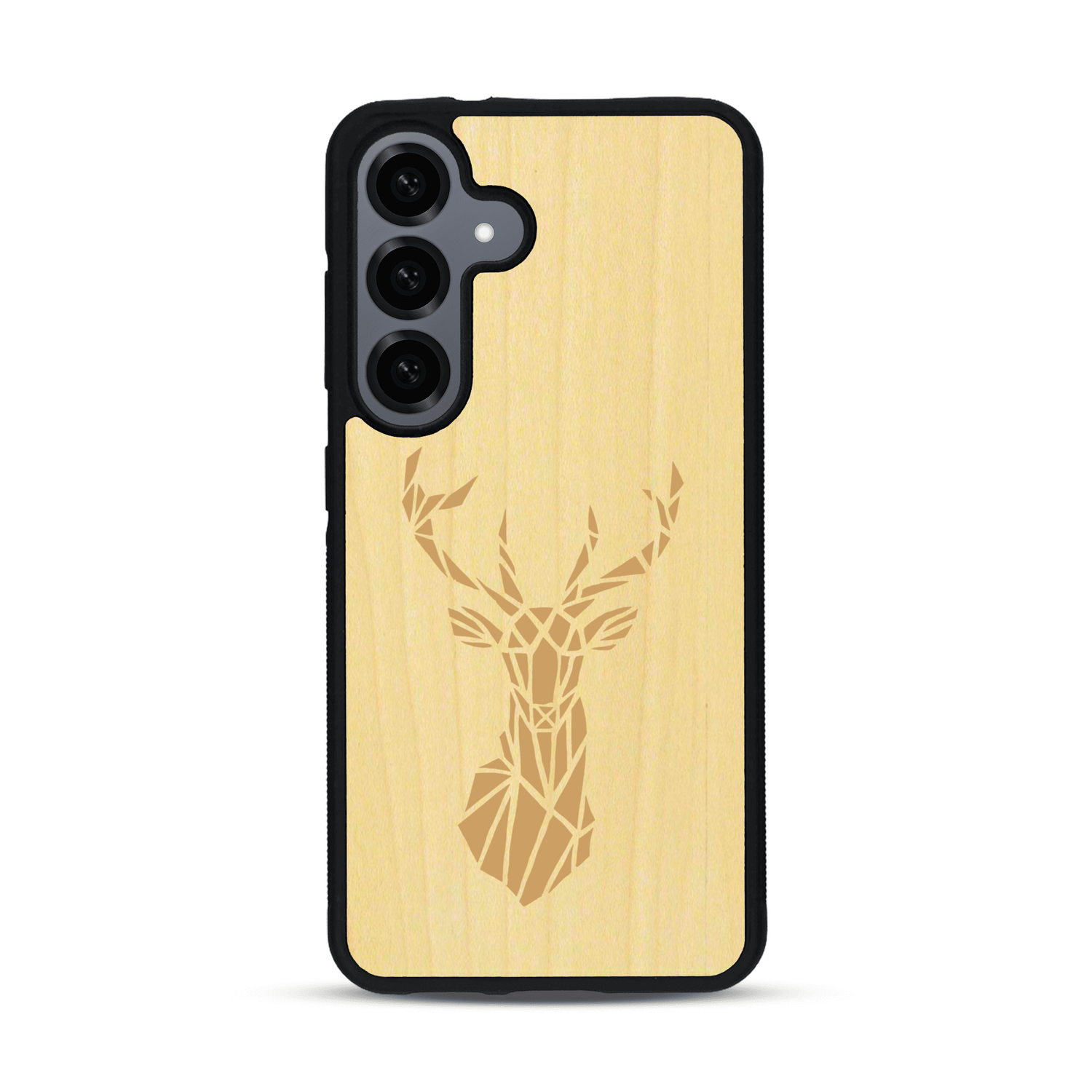 Coque de protection en bois véritable fabriquée en France pour  sur le thème de la nature et des animaux représentant une tête de cerf gométrique avec un design moderne et minimaliste