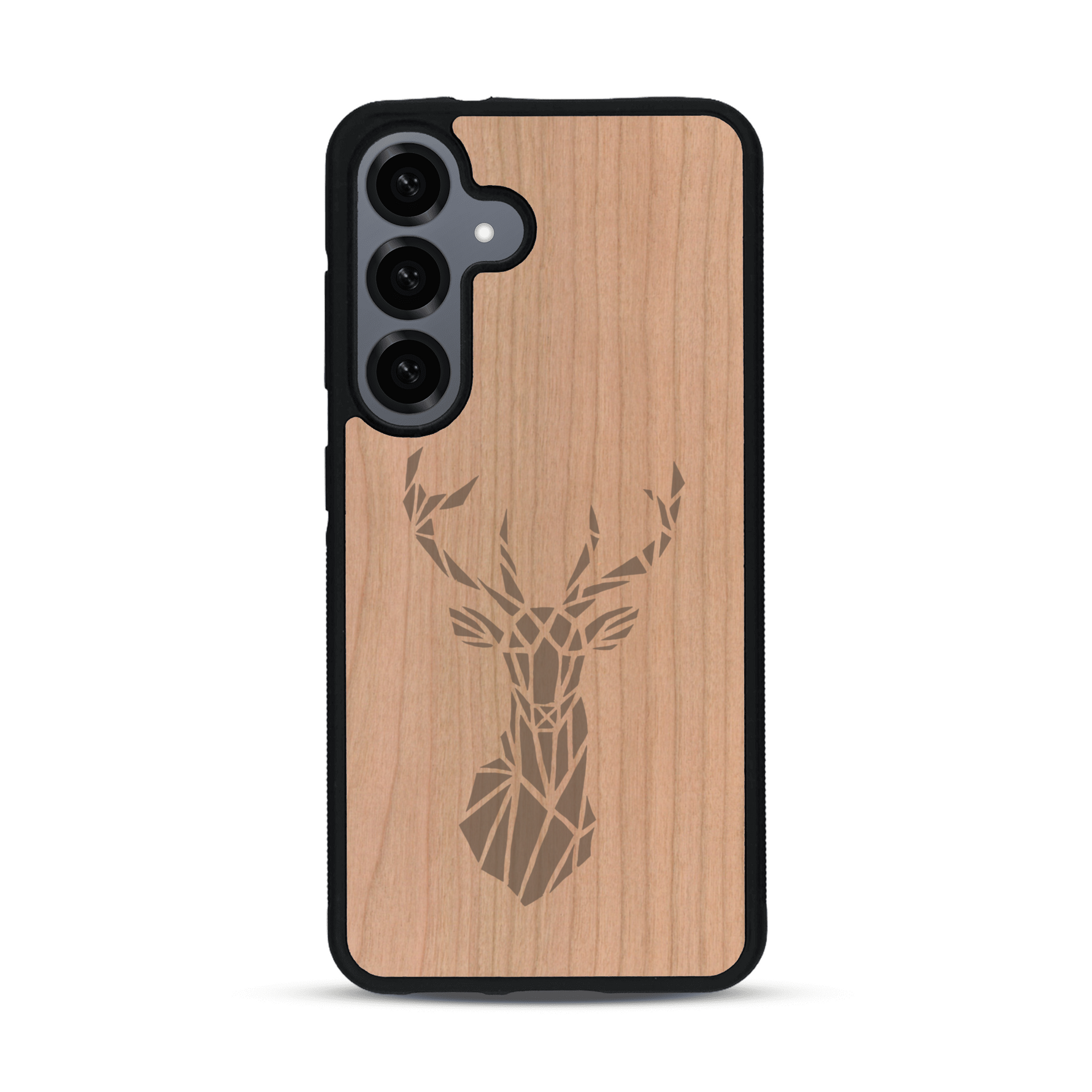 Coque de protection en bois véritable fabriquée en France pour  sur le thème de la nature et des animaux représentant une tête de cerf gométrique avec un design moderne et minimaliste