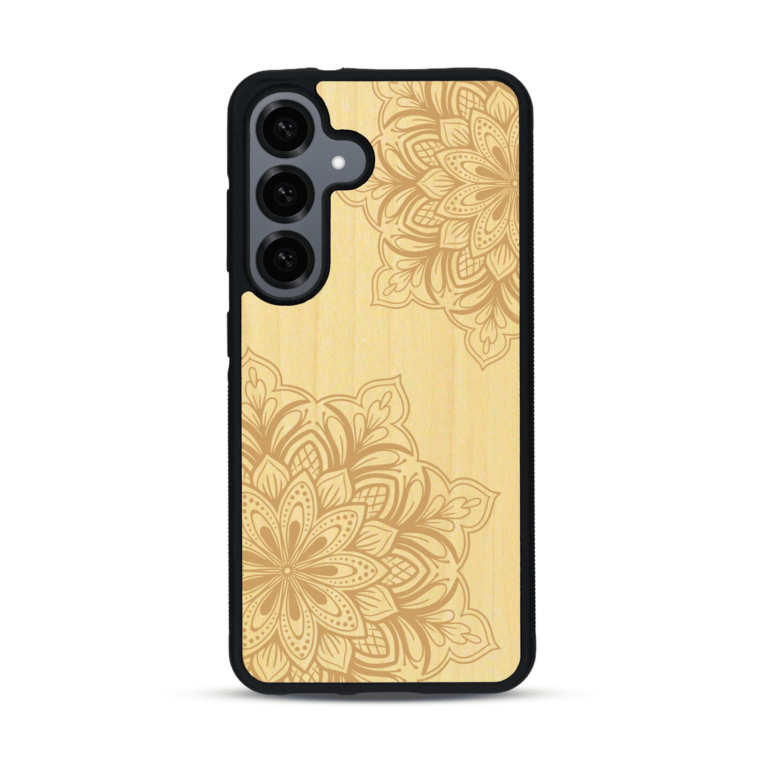 Coque de protection en bois véritable fabriquée en France pour  sur le thème de la bohème et du tatouage au henné avec une gravure représentant un mandala