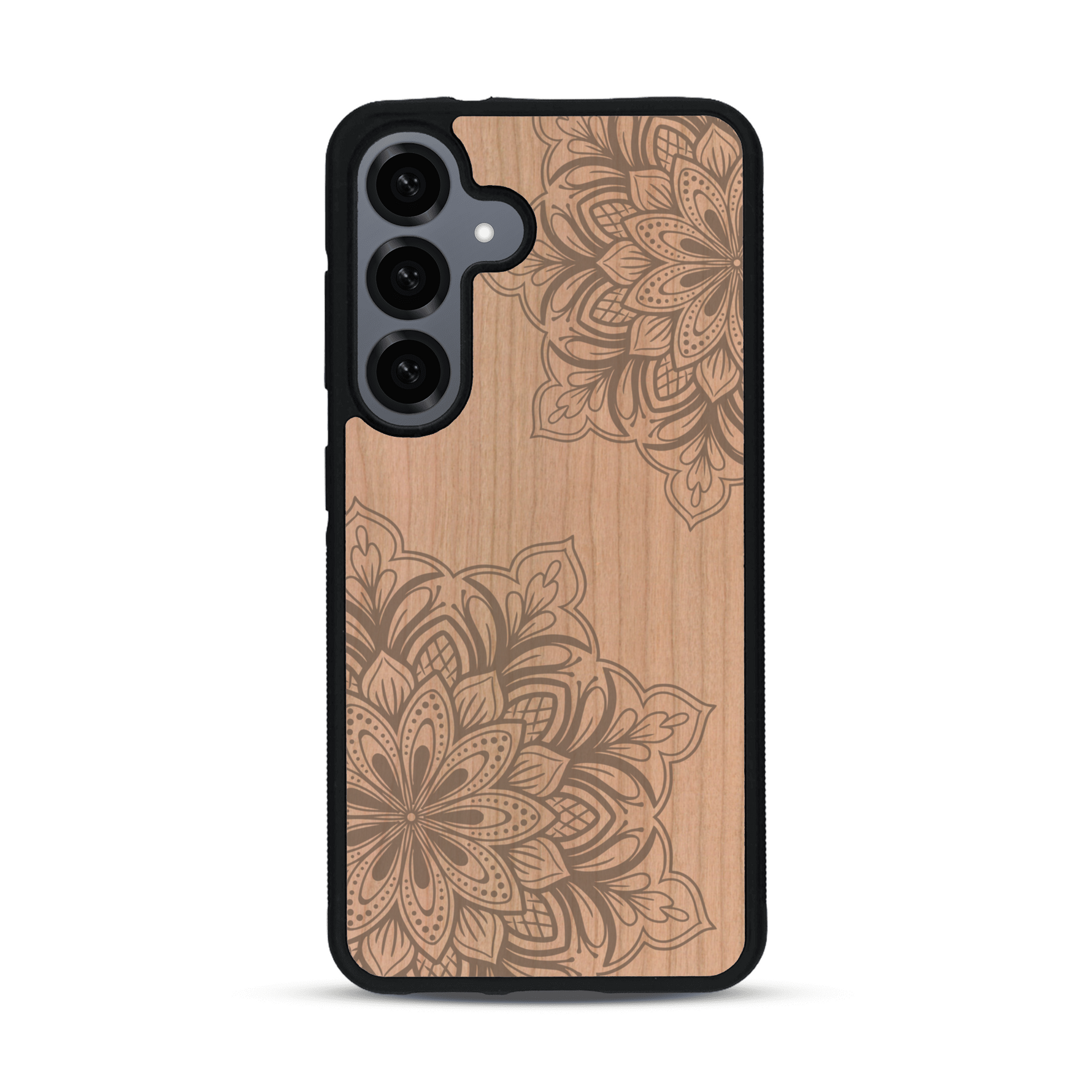 Coque de protection en bois véritable fabriquée en France pour  sur le thème de la bohème et du tatouage au henné avec une gravure représentant un mandala