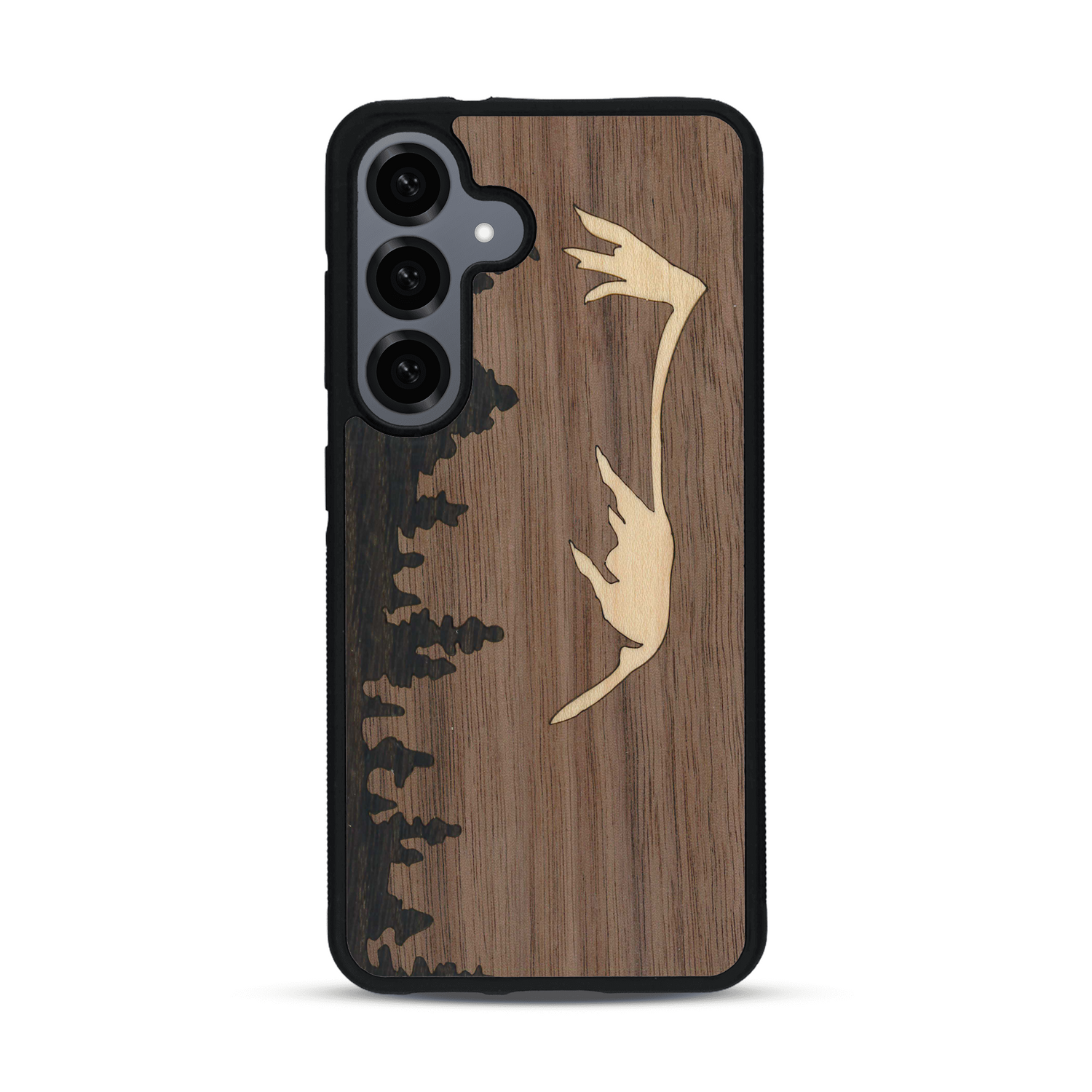 Coque de protection en bois véritable fabriquée en France pour  sur le thème de la nature et de la montagne qui allie du chêne fumé, du noyer et du bambou représentant le mont mézenc