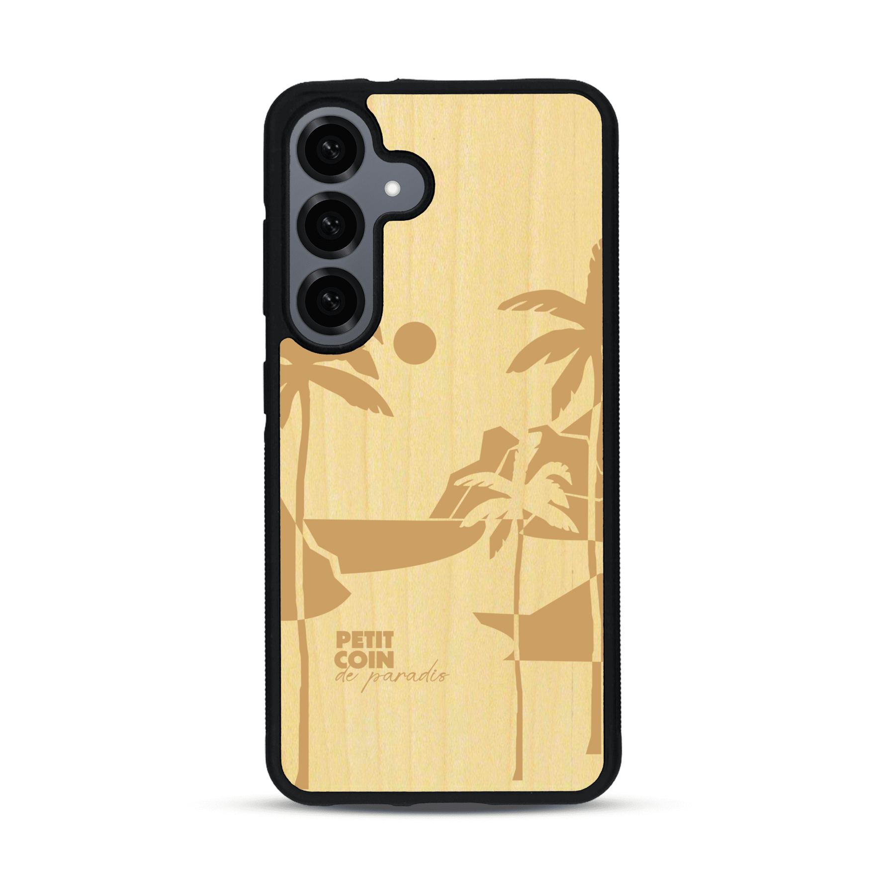 Coque de protection en bois véritable fabriquée en France pour  sur le thème des voyages en vans, vanlife et chill avec une gravure représentant un van vw combi devant le soleil couchant sur une plage avec des vagues