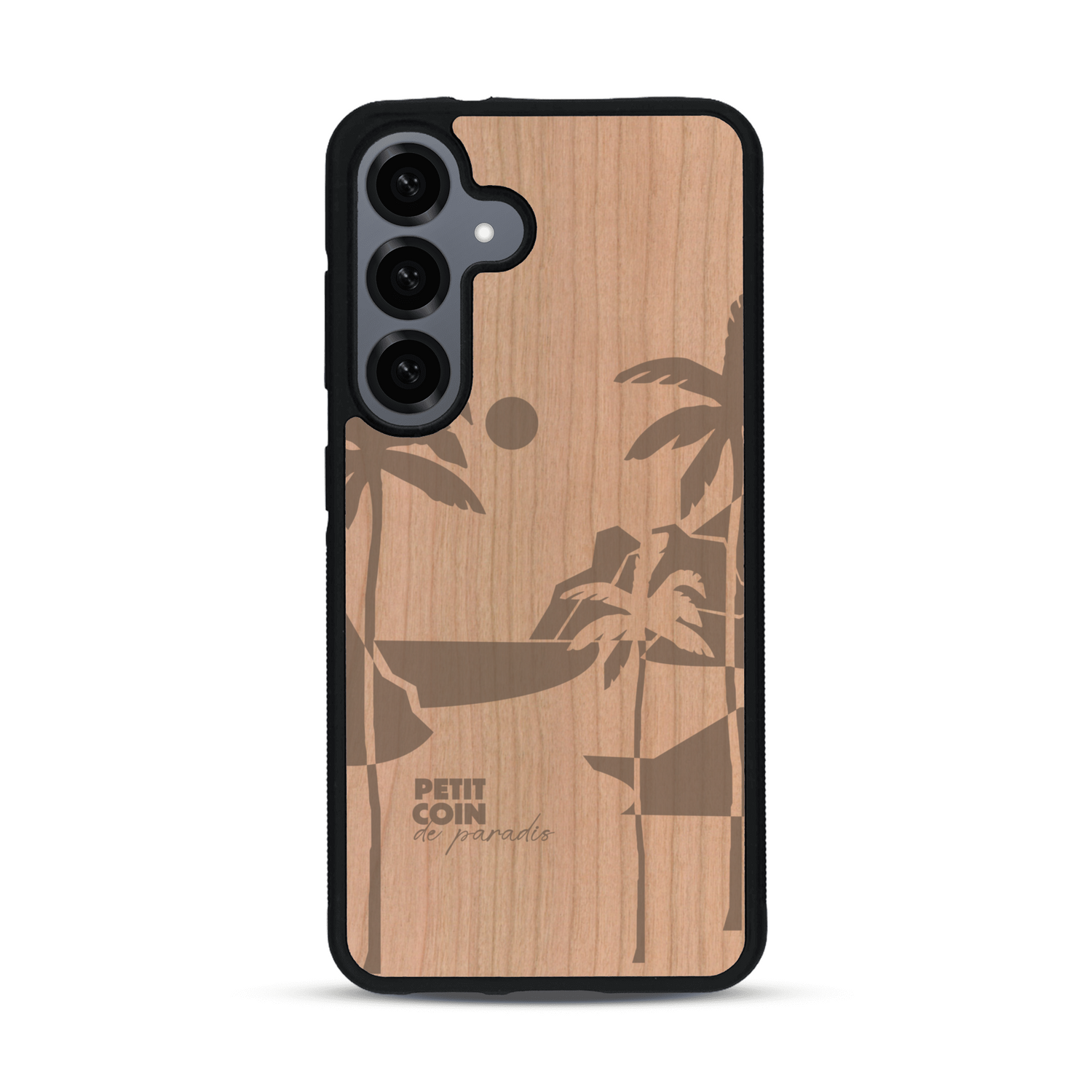 Coque de protection en bois véritable fabriquée en France pour  sur le thème des voyages en vans, vanlife et chill avec une gravure représentant un van vw combi devant le soleil couchant sur une plage avec des vagues
