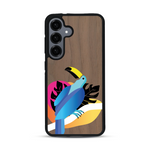 Coque de protection en bois véritable fabriquée en France pour Samsung S25 représentant un toucan coloré avec un design moderne et minimaliste sur le thème de la jungle et de la nature
