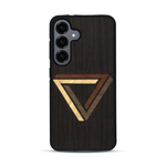 Coque de protection en bois véritable fabriquée en France pour  sur le thème de l'art géométrique qui allie du chêne fumé, du noyer, du bambou et du padouk représentant le triangle de penrose