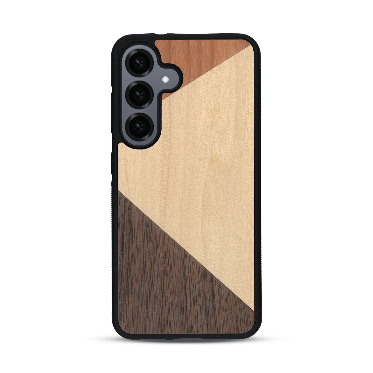 Coque de protection en bois véritable fabriquée en France pour  alliant du merisier, du noyer et du bambou formant chacun deux triangles et un trapèze avec deux jointures en diagonale sur le thème de l'art abstrait
