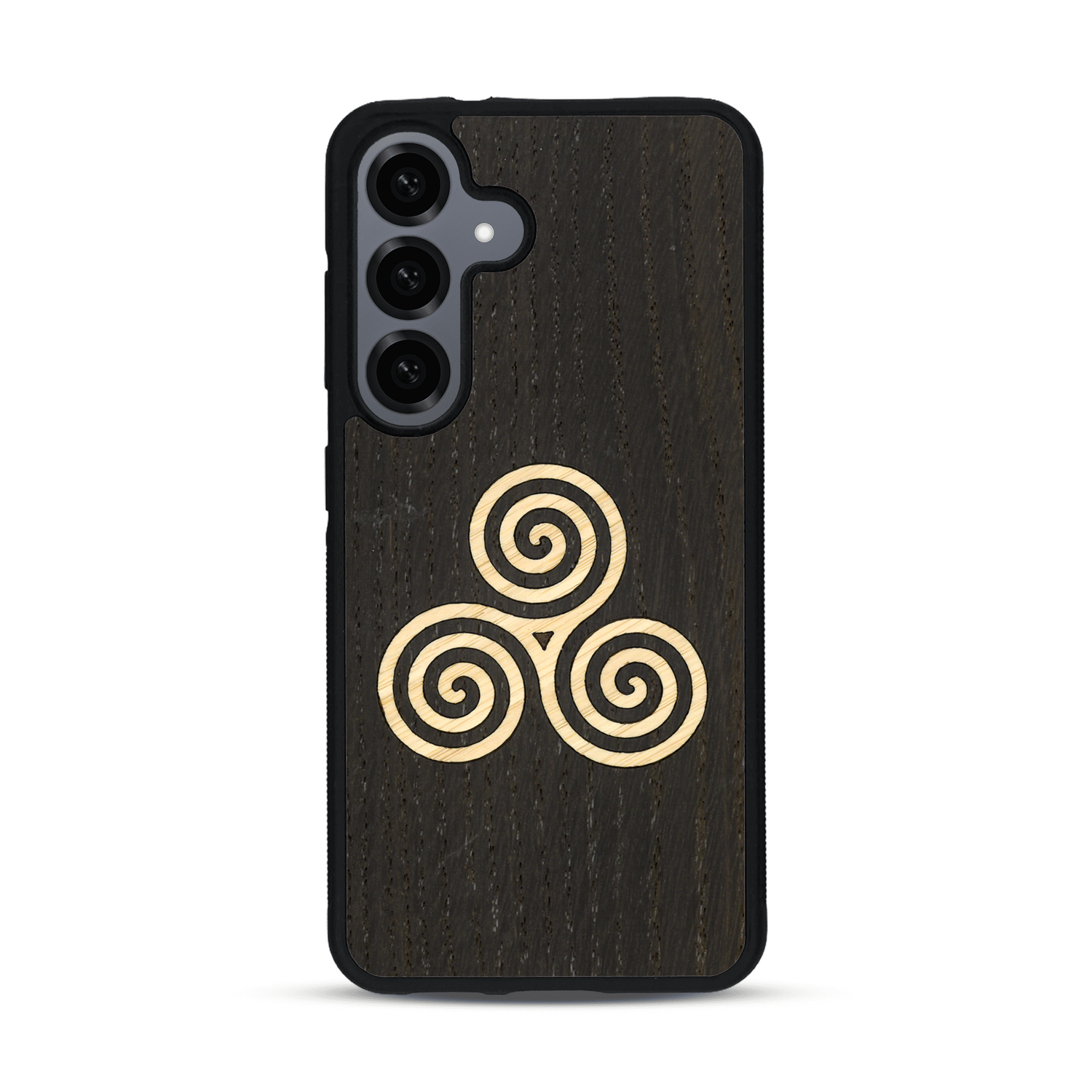 Coque de protection en bois véritable fabriquée en France pour  alliant du chêne fumé et du bambou et doré représentant un triskell
