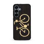 Coque de protection en bois véritable fabriquée en France pour  sur le theme du vélo et de l'outdoor qui allie du bambou et du chêne fumé représentant un vélo