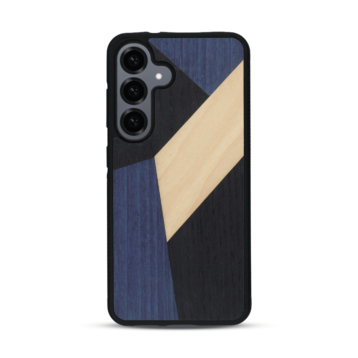 Coque de protection en bois véritable fabriquée en France pour  alliant du bambou, du tulipier bleu et noir en forme de mosaïque minimaliste sur le thème de l'art abstrait