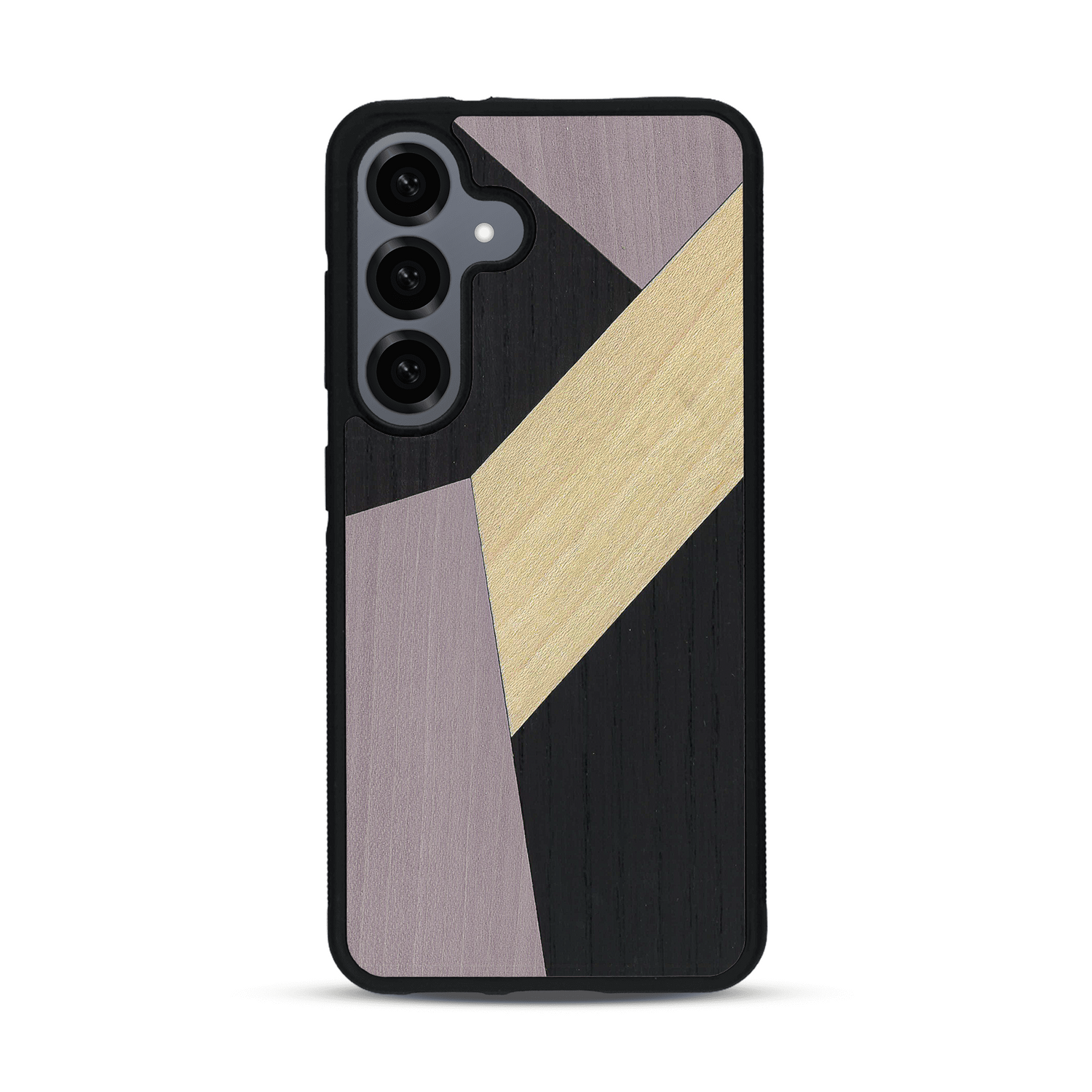 Coque de protection en bois véritable fabriquée en France pour  alliant du bambou, du tulipier mauve et noir en forme de mosaïque minimaliste sur le thème de l'art abstrait