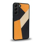 Coque de protection en bois véritable fabriquée en France pour Samsung S25 alliant du bambou, du tulipier orange et noir en forme de mosaïque minimaliste sur le thème de l'art abstrait