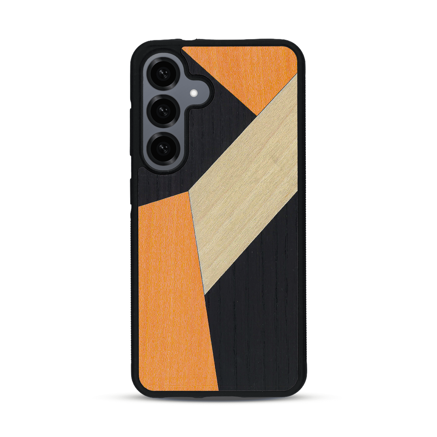 Coque de protection en bois véritable fabriquée en France pour  alliant du bambou, du tulipier orange et noir en forme de mosaïque minimaliste sur le thème de l'art abstrait