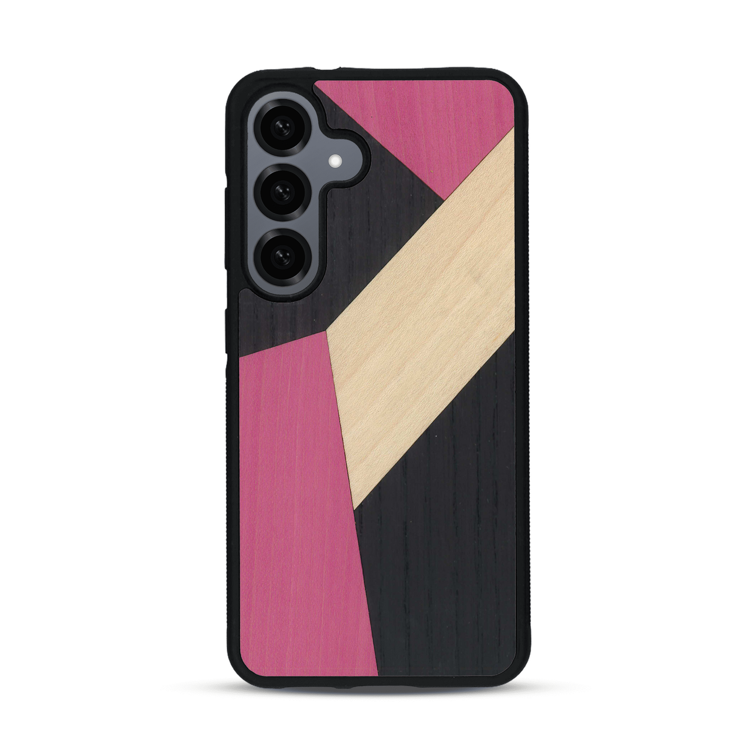Coque de protection en bois véritable fabriquée en France pour  alliant du bambou, du tulipier rose et noir en forme de mosaïque minimaliste sur le thème de l'art abstrait