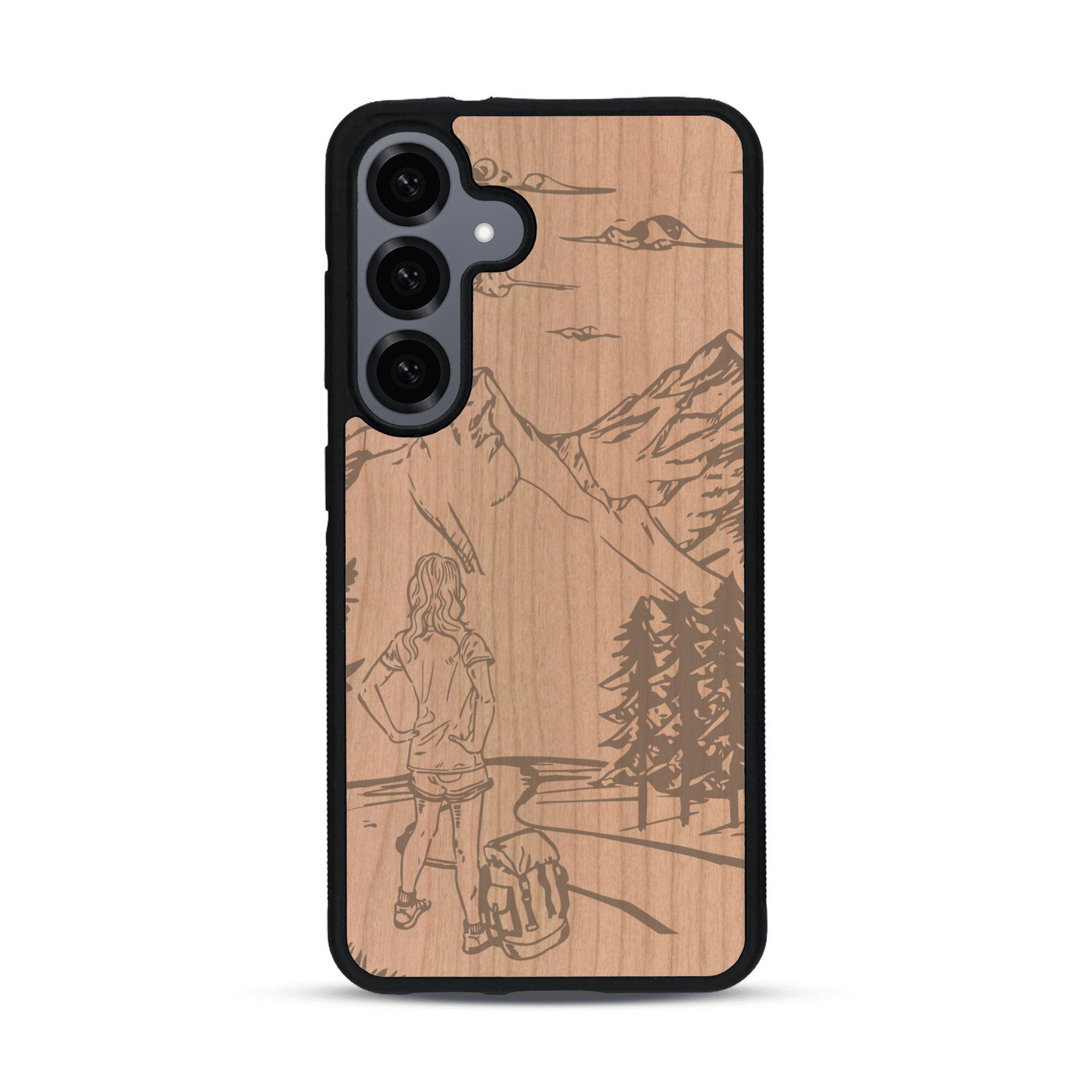 Coque de protection en bois véritable fabriquée en France pour  sur le thème de la randonnée en montagne et de l'aventure avec une gravure représentant une femme de dos face à un paysage de nature
