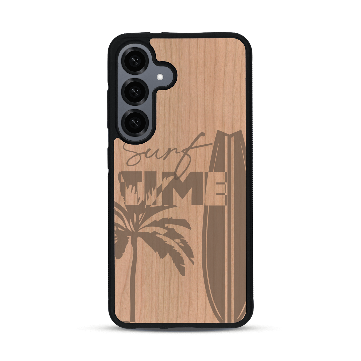 Coque de protection en bois véritable fabriquée en France pour  sur le thème chill avec un motif représentant une silouhette tenant une planche de surf sur une plage entouré de palmiers et les mots "Surf Time Long Beach Miami"