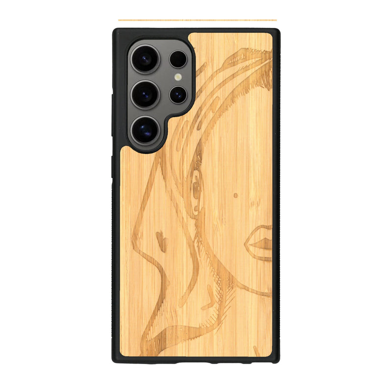 Coque de protection en bois véritable fabriquée en France pour Samsung S25 Ultra représentant une silhouette féminine épurée de type line art en collaboration avec l'artiste Maud Dabs