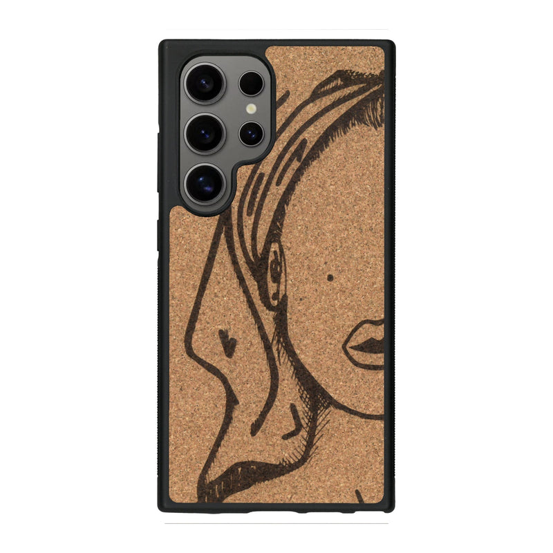 Coque de protection en bois véritable fabriquée en France pour Samsung S25 Ultra représentant une silhouette féminine épurée de type line art en collaboration avec l'artiste Maud Dabs