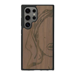 Coque de protection en bois véritable fabriquée en France pour Samsung S25 Ultra représentant une silhouette féminine épurée de type line art en collaboration avec l'artiste Maud Dabs