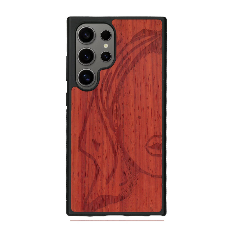 Coque de protection en bois véritable fabriquée en France pour Samsung S25 Ultra représentant une silhouette féminine épurée de type line art en collaboration avec l'artiste Maud Dabs