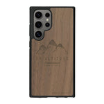 Coque de protection en bois véritable fabriquée en France pour Samsung S25 Ultra représentant des montagnes, sur le thème de la randonnée en pleine nature et du trail