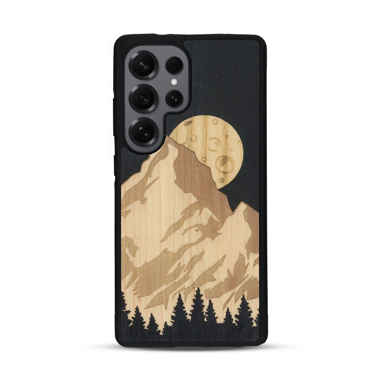 Coque de protection en bois véritable fabriquée en France pour  alliant plusieurs essences de bois pour représenter le mont Everest