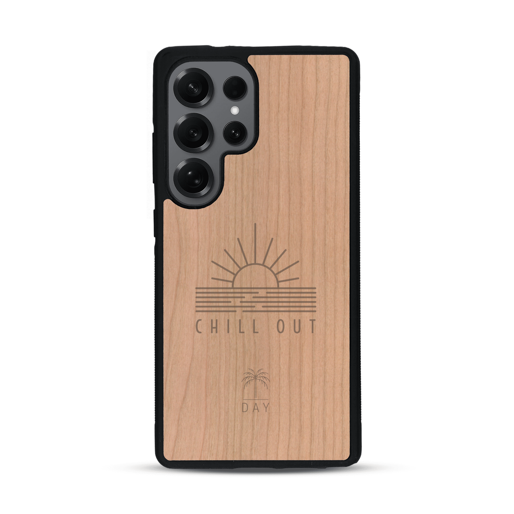 Coque de protection en bois véritable fabriquée en France pour  sur le thème chill avec un motif représentant un couché de soleil sur l'océan et la phrase "Chill out"