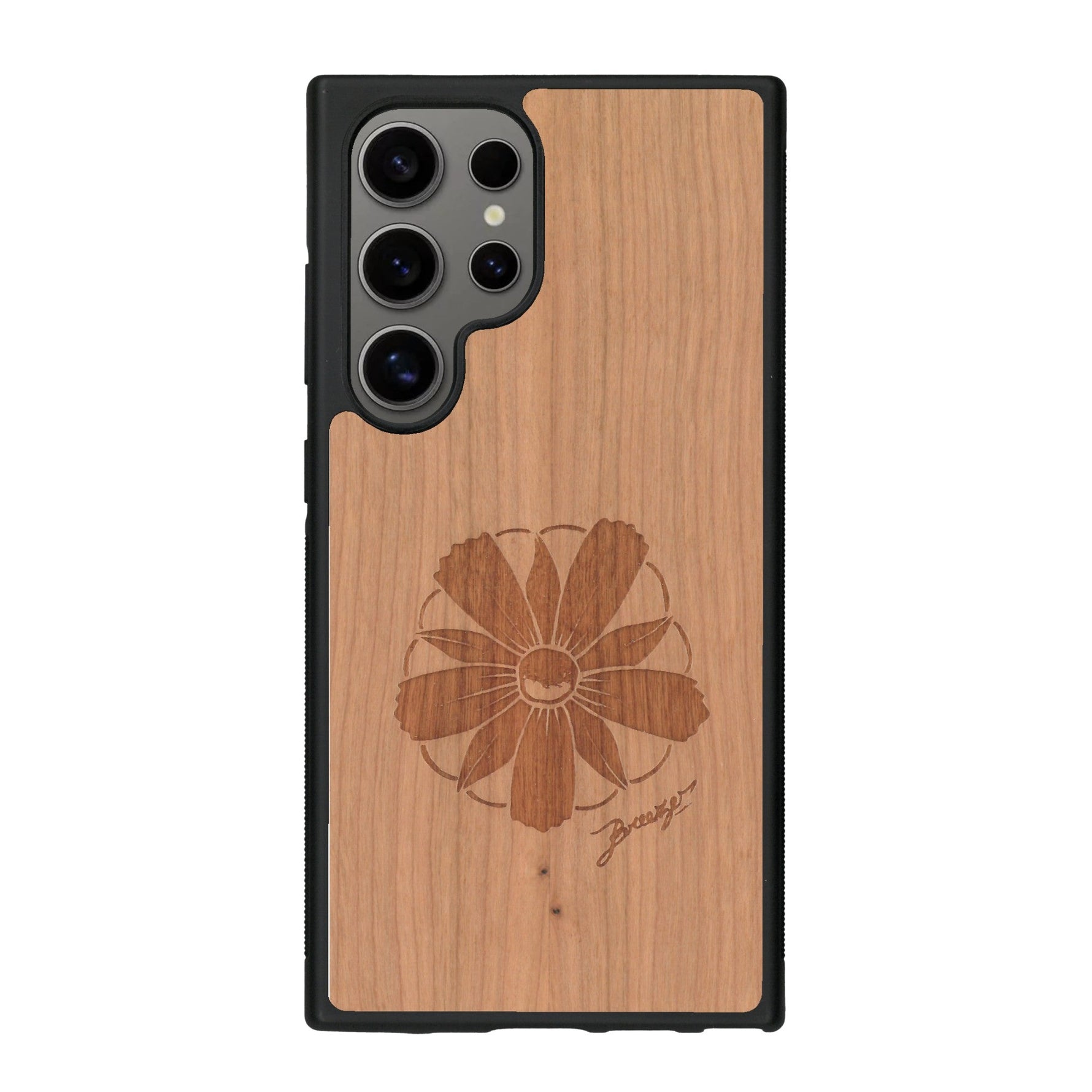 Coque de protection en bois véritable fabriquée en France pour Samsung S25 Ultra sur le thème des fleurs et de la montagne avec un motif de gravure représentant les pétales d'une fleur des montagnes