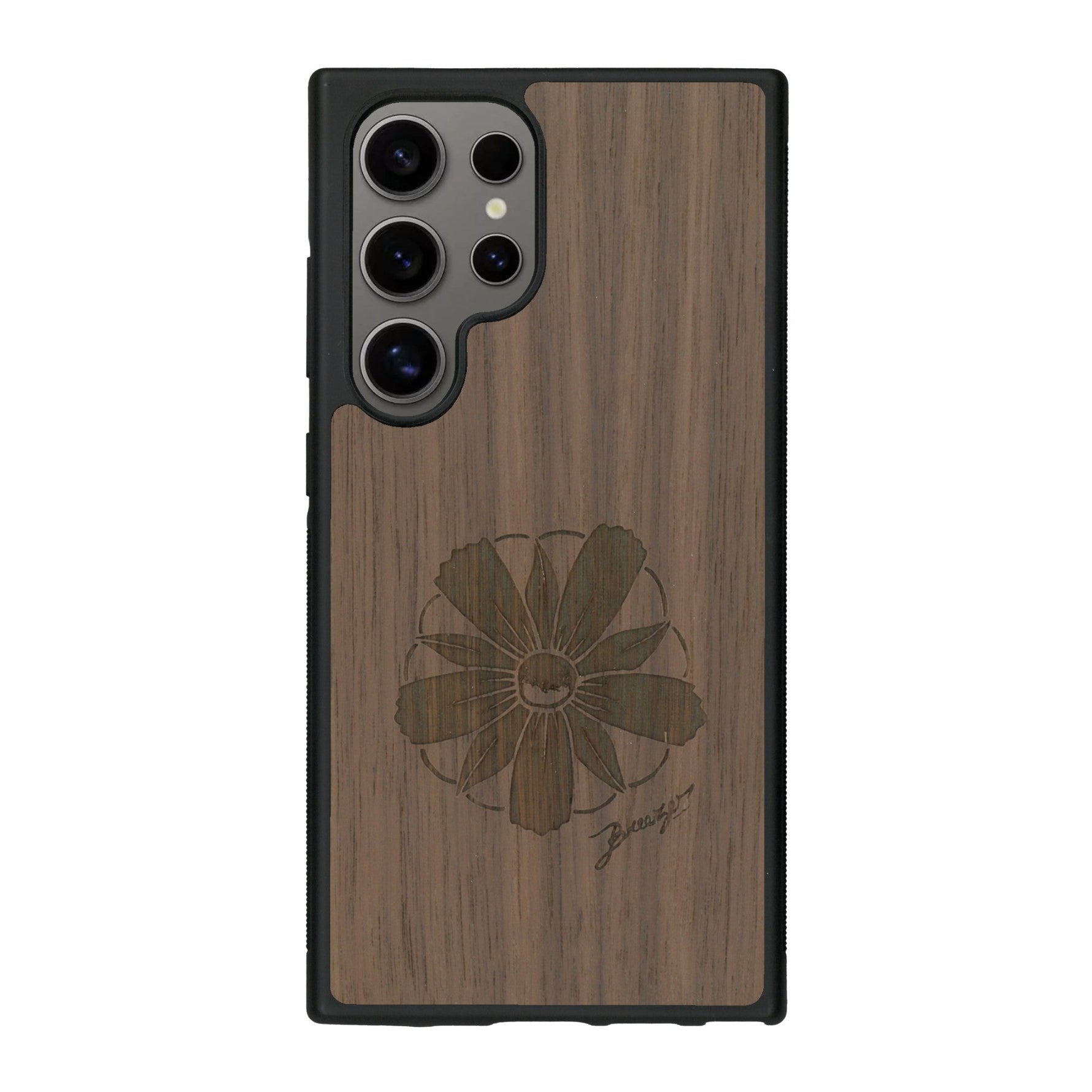 Coque de protection en bois véritable fabriquée en France pour Samsung S25 Ultra sur le thème des fleurs et de la montagne avec un motif de gravure représentant les pétales d'une fleur des montagnes