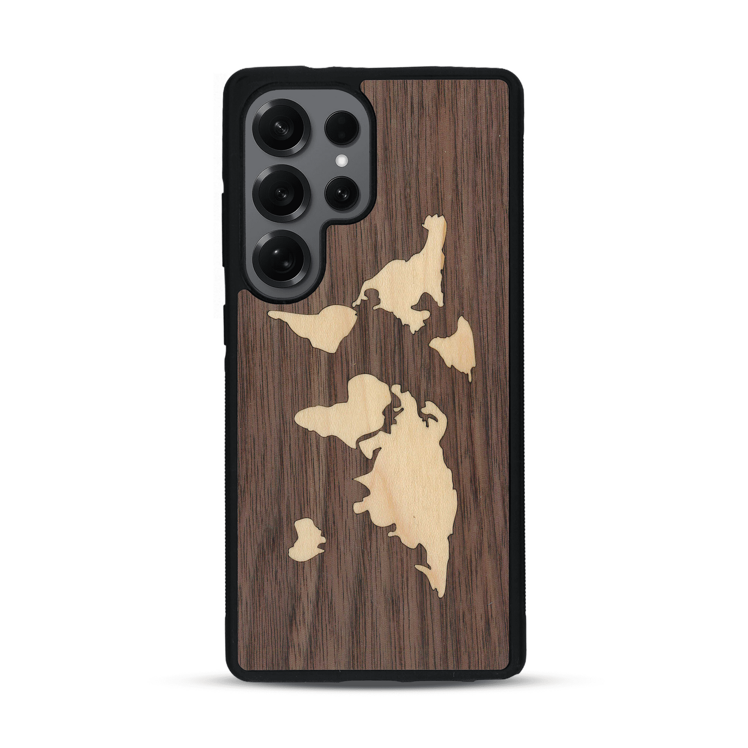 Coque de protection en bois véritable fabriquée en France pour  alliant du bambou et du noyer sur le thème du voyage et de l'aventure représentant une mappemonde