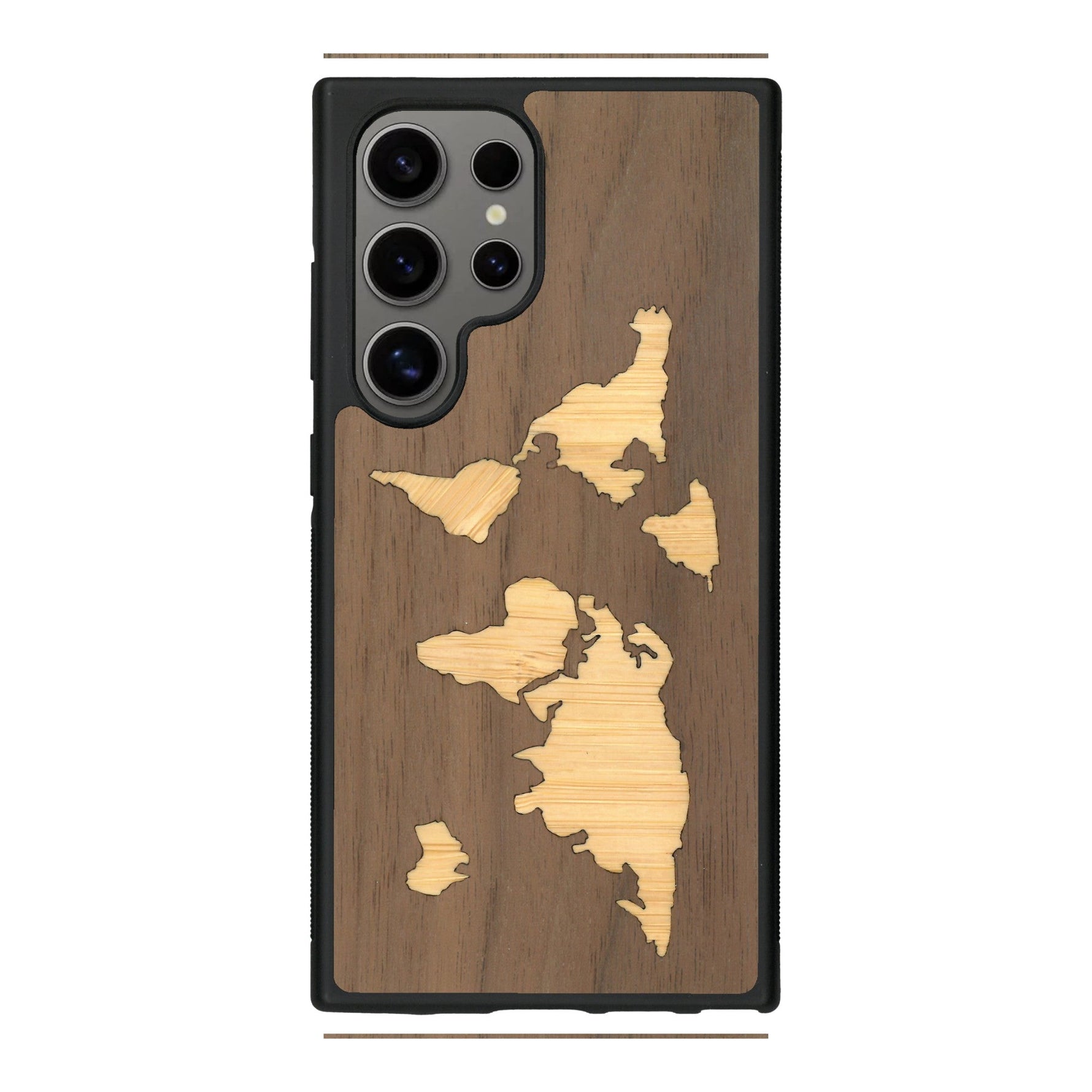 Coque de protection en bois véritable fabriquée en France pour Samsung S25 Ultra alliant du bambou et du noyer sur le thème du voyage et de l'aventure représentant une mappemonde