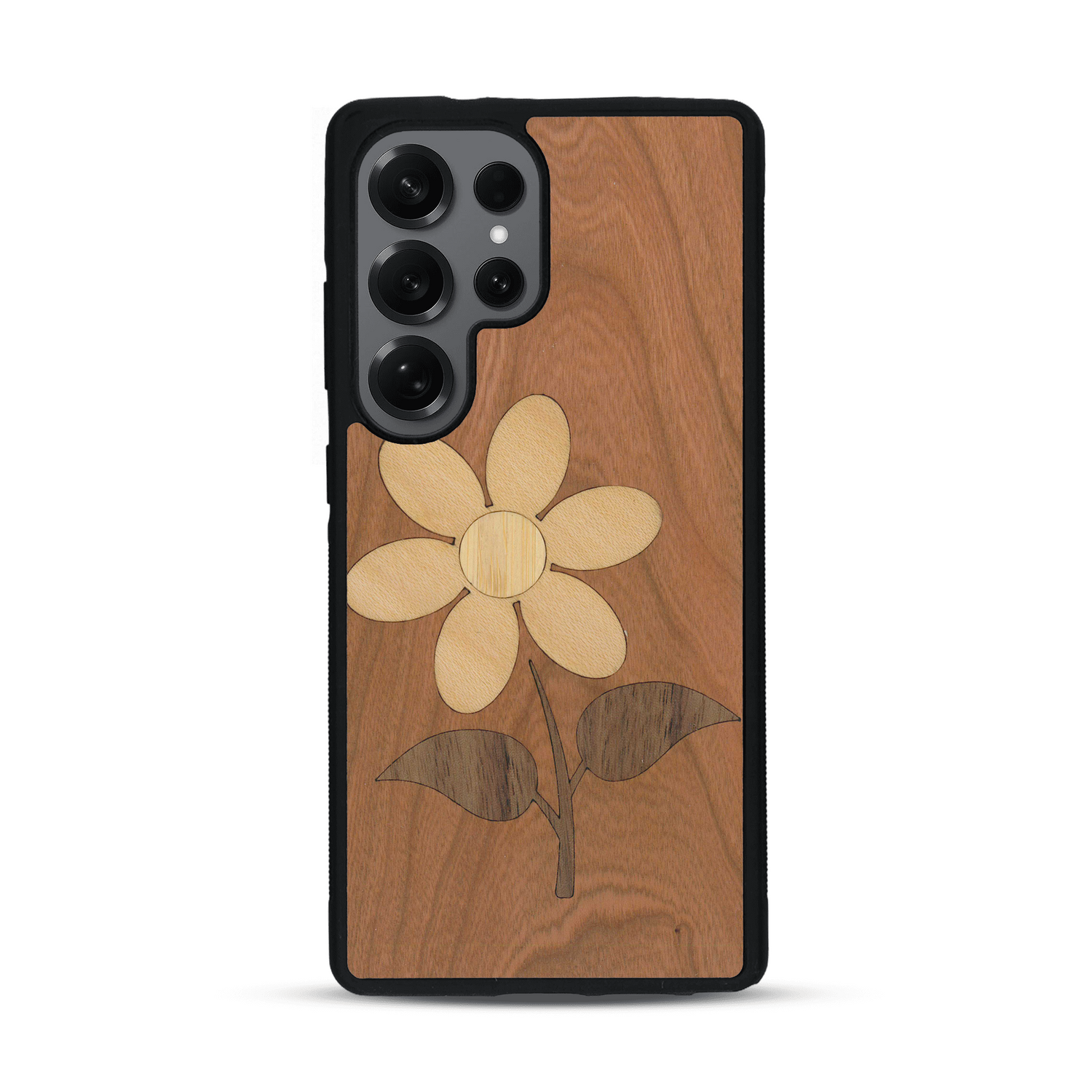 Coque de protection en bois véritable fabriquée en France pour Samsung S25 Ultra alliant plusieurs essences de bois pour représenter une marguerite