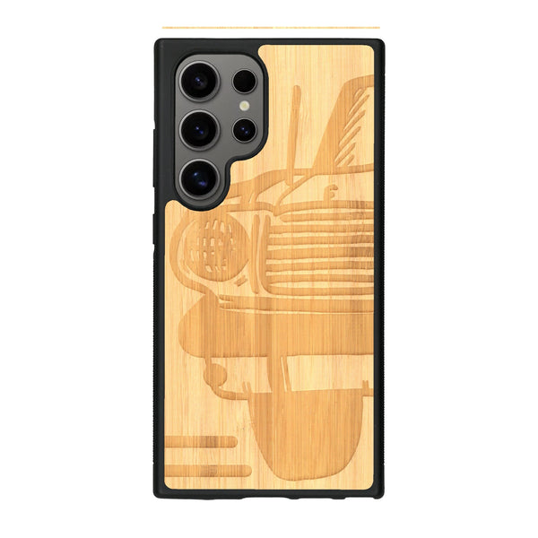 Coque de protection en bois véritable fabriquée en France pour Samsung S25 Ultra sur le thème de l'automobile avec une authentique Mustang