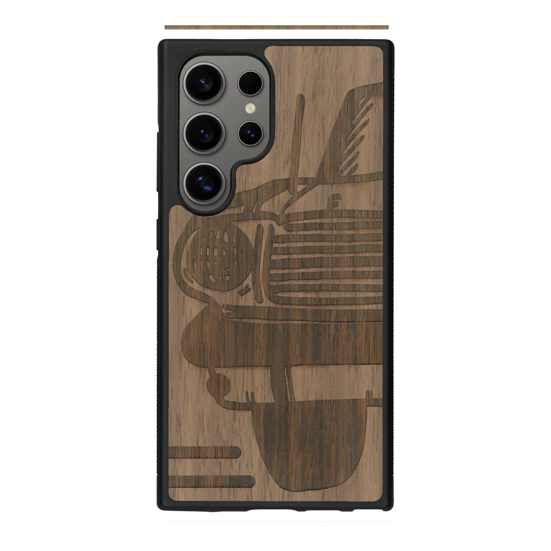 Coque de protection en bois véritable fabriquée en France pour Samsung S25 Ultra sur le thème de l'automobile avec une authentique Mustang