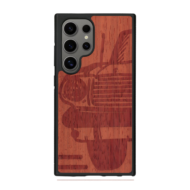 Coque de protection en bois véritable fabriquée en France pour Samsung S25 Ultra sur le thème de l'automobile avec une authentique Mustang