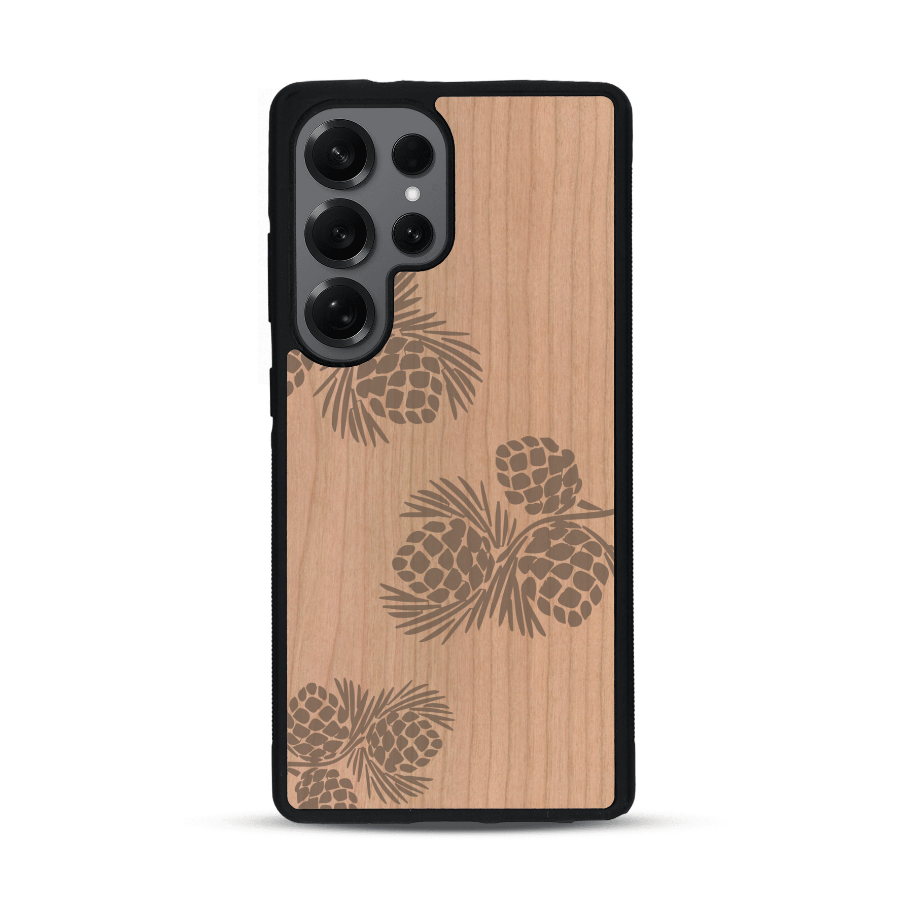 Coque de protection en bois véritable fabriquée en France pour  sur le thème de la nature des arbres avec un motif de gravure représentant des épines de sapin et des pommes de pin