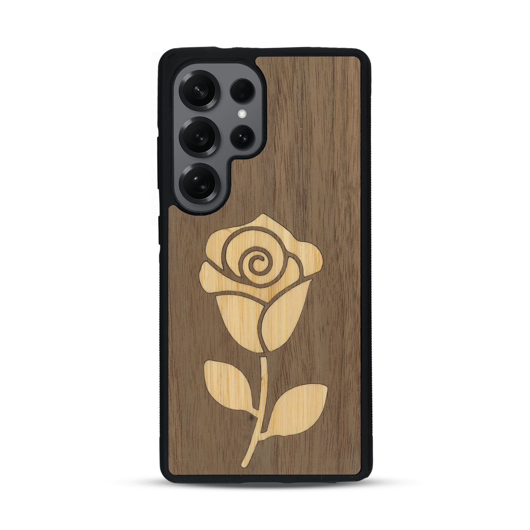 Coque de protection en bois véritable fabriquée en France pour Samsung S25 Ultra alliant plusieurs essences de bois pour représenter une rose