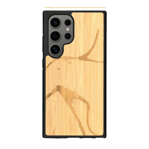 Coque de protection en bois véritable fabriquée en France pour Samsung S25 Ultra représentant une silhouette féminine dessinée à la main par l'artiste Maud Dabs