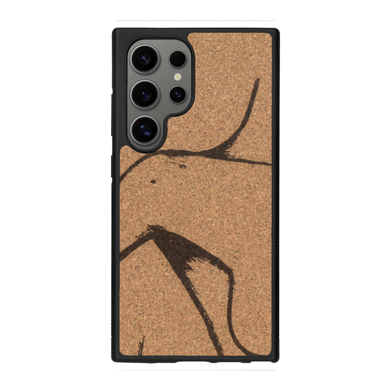 Coque de protection en bois véritable fabriquée en France pour Samsung S25 Ultra représentant une silhouette féminine dessinée à la main par l'artiste Maud Dabs
