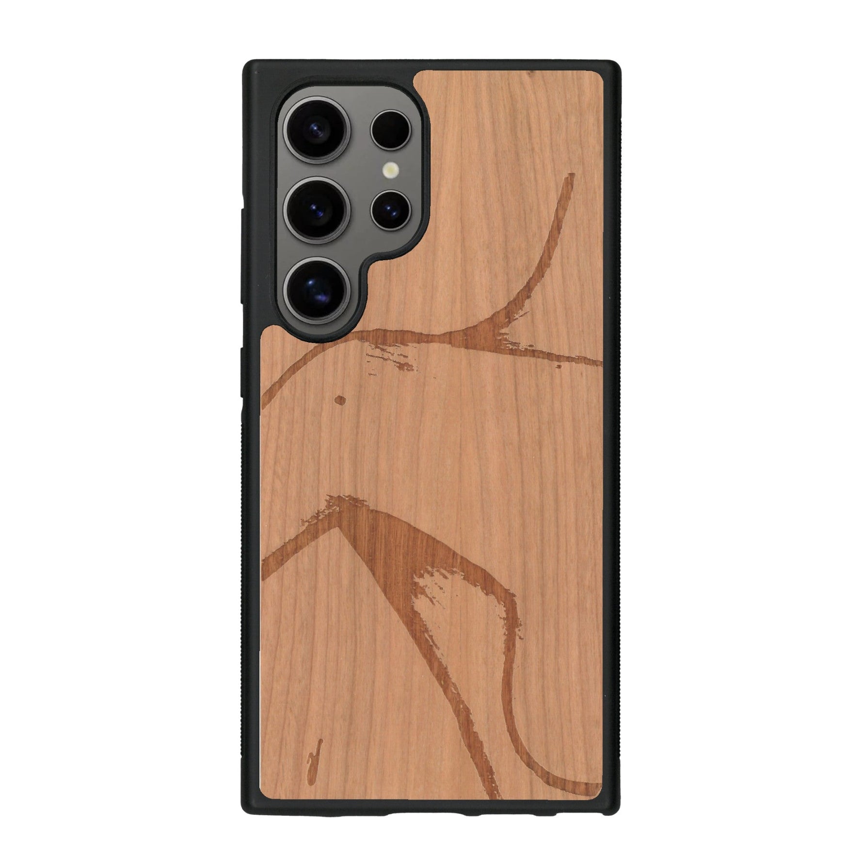 Coque de protection en bois véritable fabriquée en France pour Samsung S25 Ultra représentant une silhouette féminine dessinée à la main par l'artiste Maud Dabs