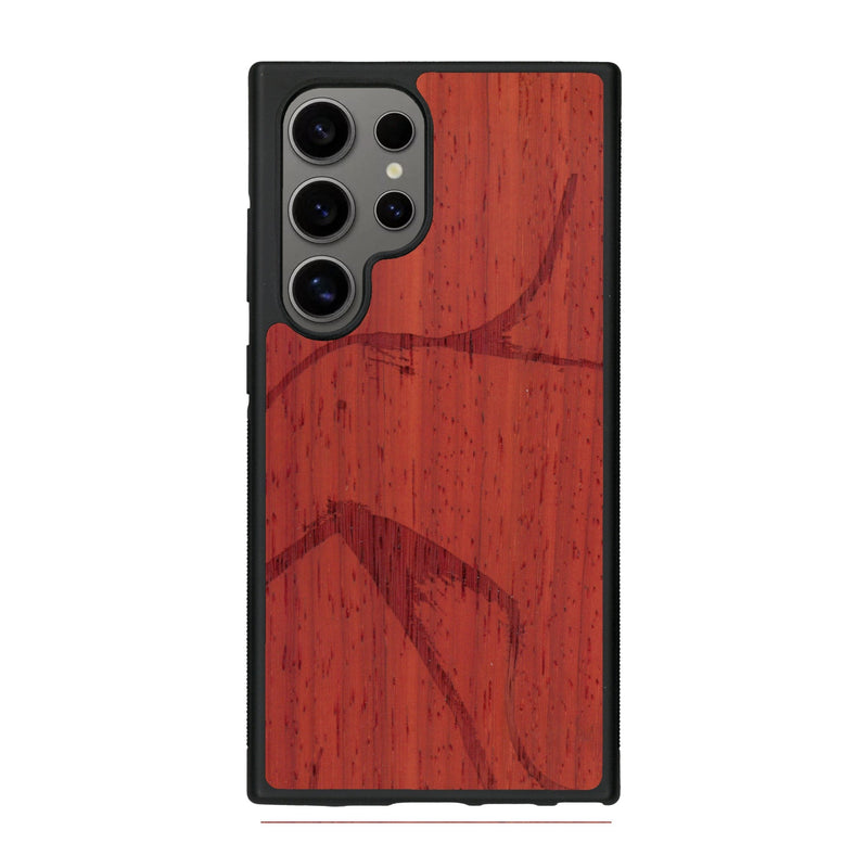 Coque de protection en bois véritable fabriquée en France pour Samsung S25 Ultra représentant une silhouette féminine dessinée à la main par l'artiste Maud Dabs