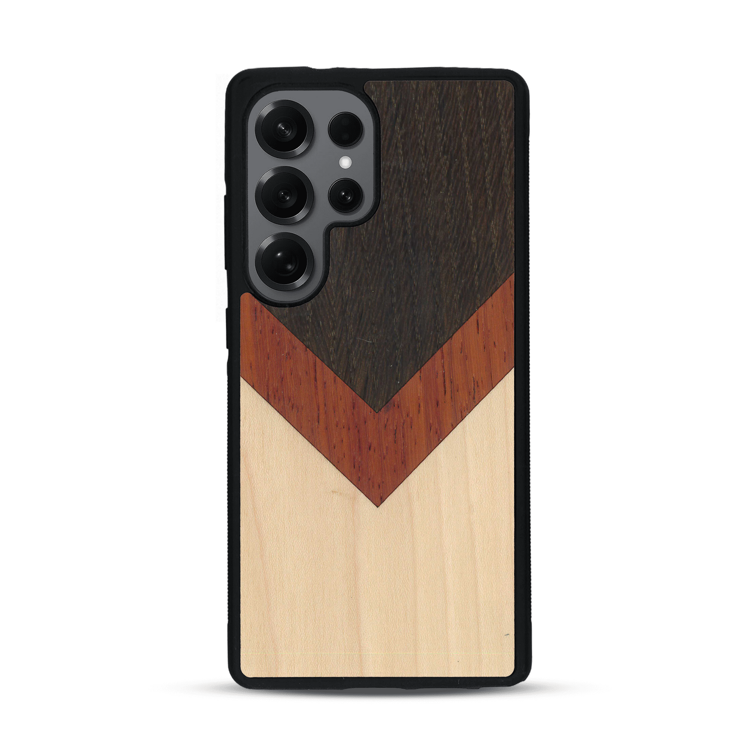 Coque de protection en bois véritable fabriquée en France pour  alliant du chêne fumé, du padouk et du bambou en forme de chevron sur le thème de l'art abstrait
