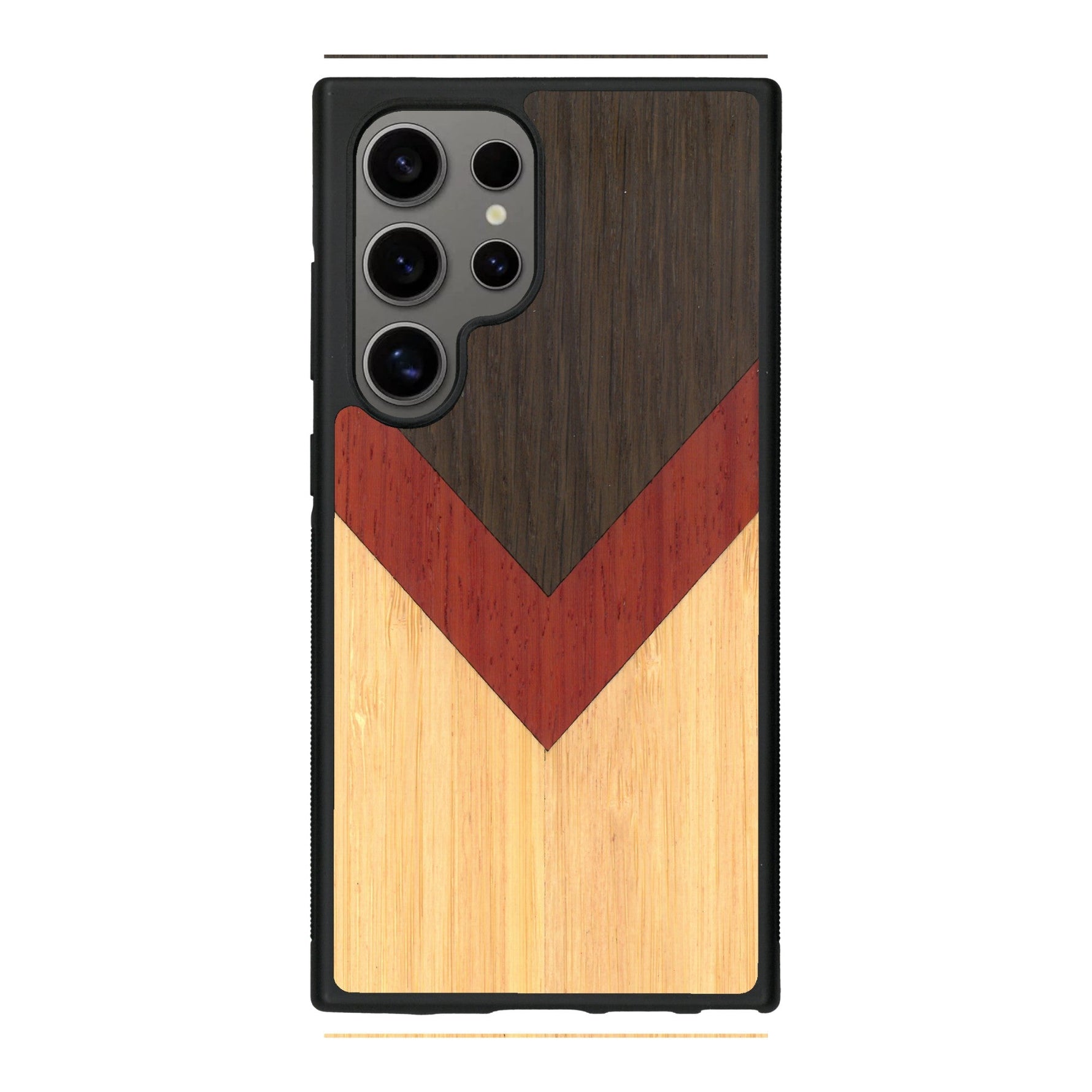 Coque de protection en bois véritable fabriquée en France pour Samsung S25 Ultra alliant du chêne fumé, du padouk et du bambou en forme de chevron sur le thème de l'art abstrait