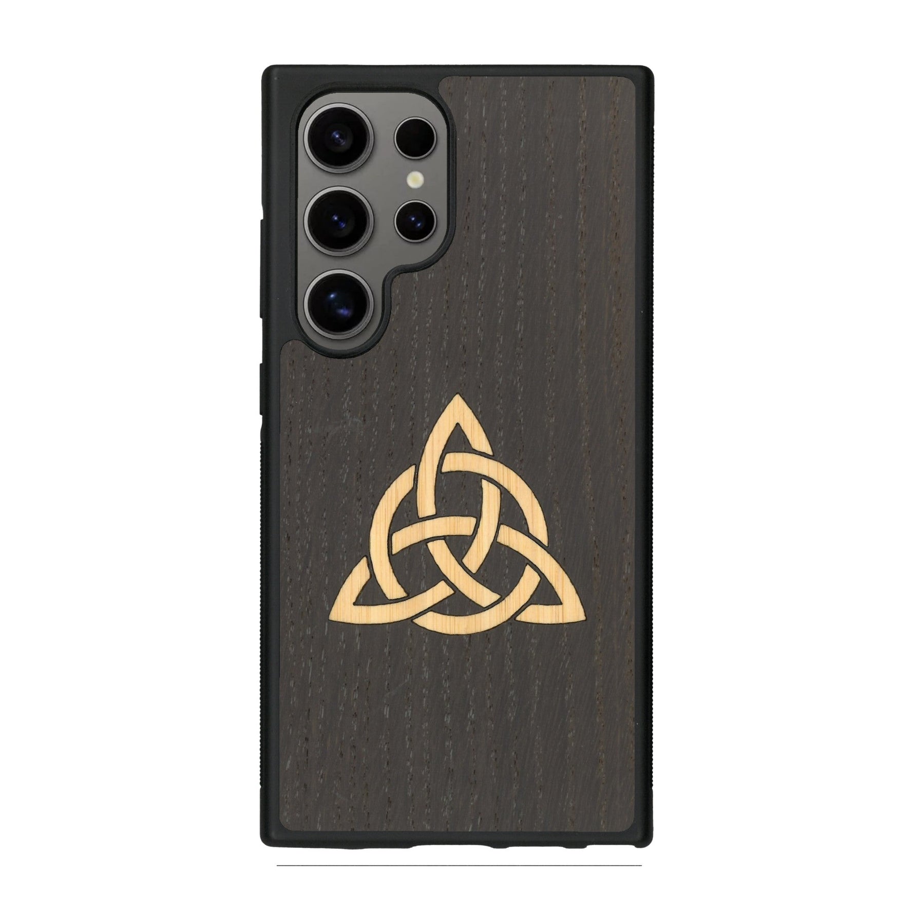 Coque de protection en bois véritable fabriquée en France pour Samsung S25 Ultra alliant du chêne fumé et du bambou représentant une triquetra