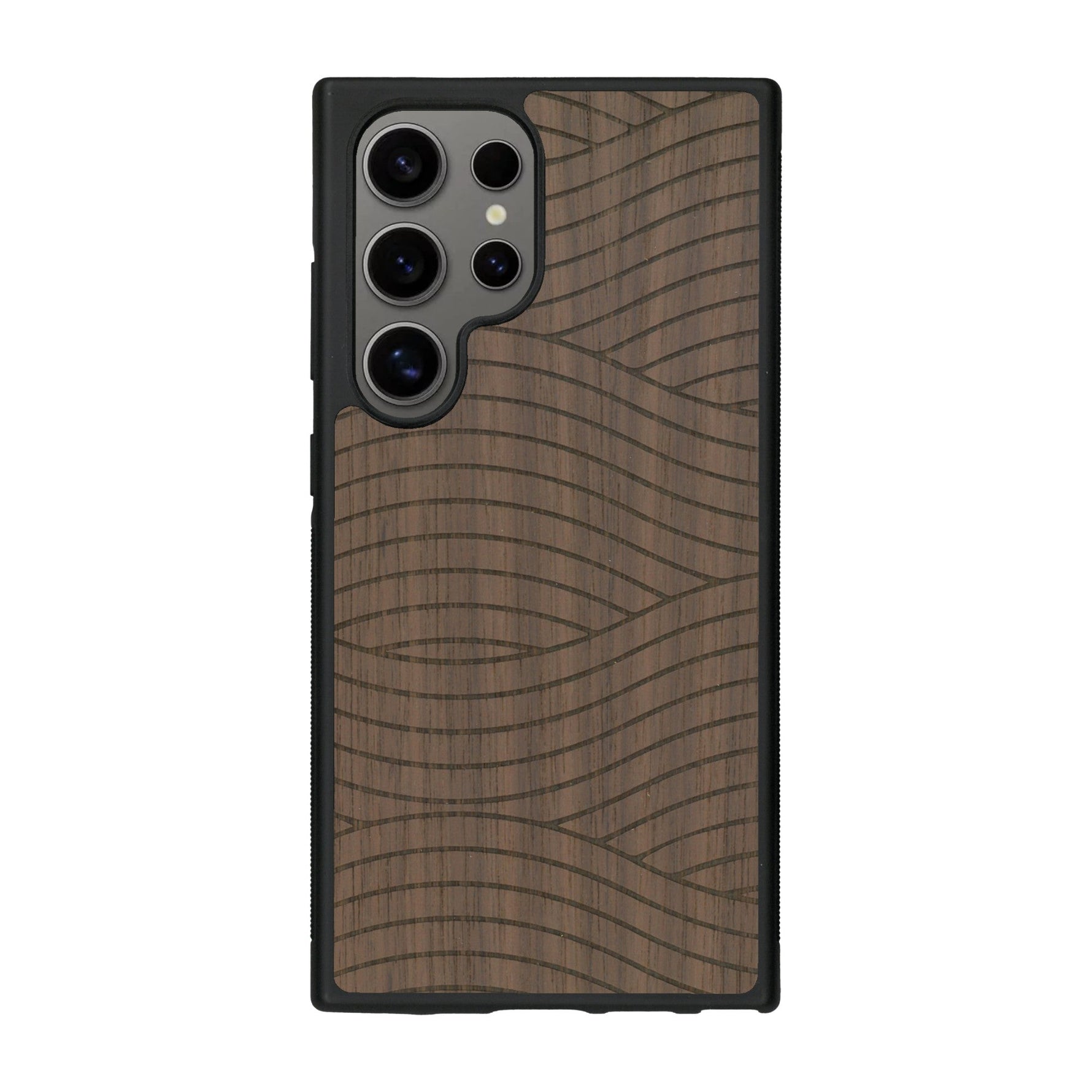 Coque de protection en bois véritable fabriquée en France pour Samsung S25 Ultra avec un motif moderne et minimaliste sur le thème waves et wavy représentant les vagues de l'océan